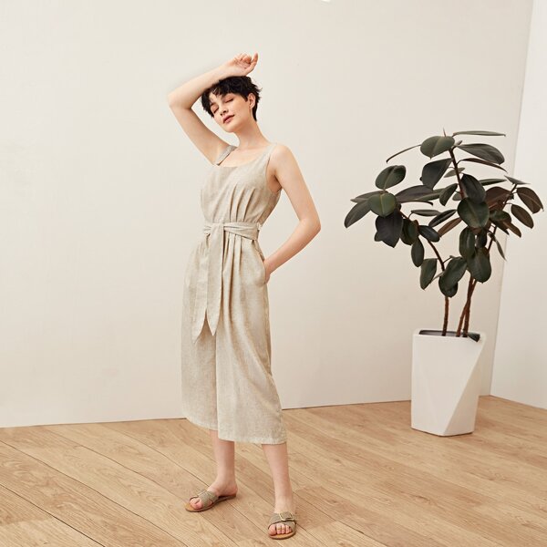

Twist Open Back Belted Cropped Jumpsuit, Beige