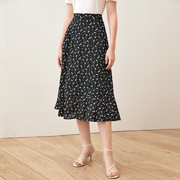 

Ruffle Hem Ditsy Floral Skirt, Black