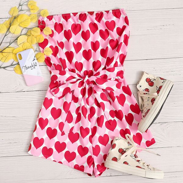 

Self Belted Heart Print Tube Romper, Pink