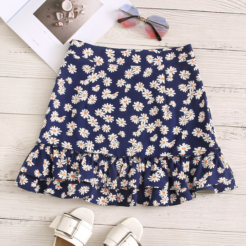 

Daisy Floral Print Layered Ruffle Hem Skirt, Navy blue