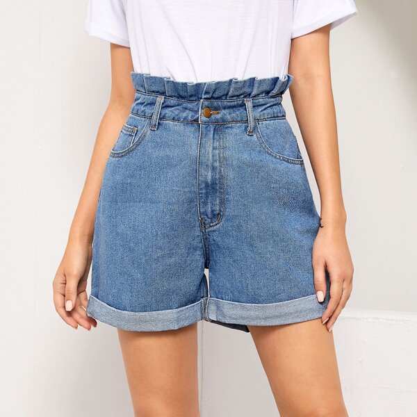 

Paperbag Waist Roll Hem Denim Shorts, Blue