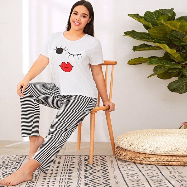 

Футболка с графическим принтом и полосатые брюки размера плюс, Чёрнобелые