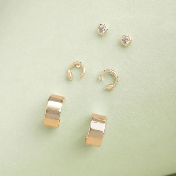 

3pairs Bezel Stud And Mini Hoop Earrings, Gold