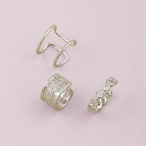 

3pieces Adjustable Rhinestone And Outline Ear Cuffs, Silver