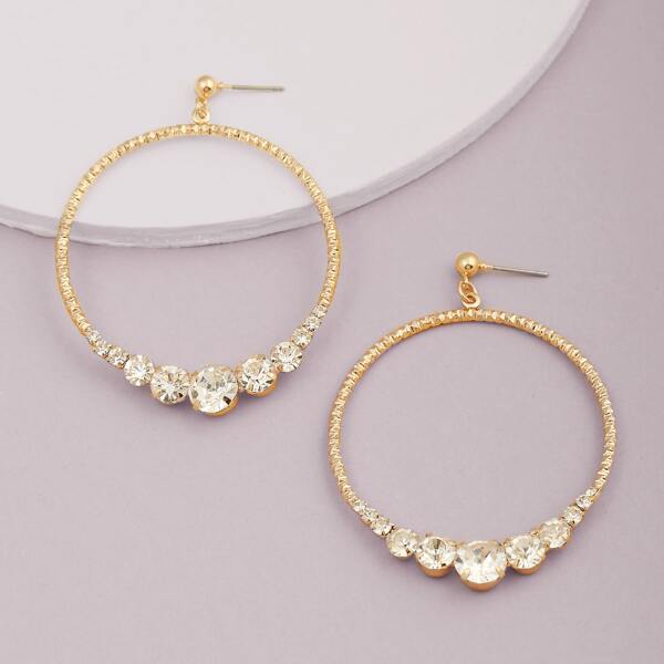 

1pair Stud Back Rhinestone Detail Hoop Earrings, Gold