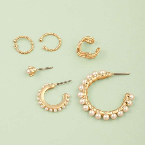 

6pieces Pearl Detail Ear Cuffs And Earrings, Gold