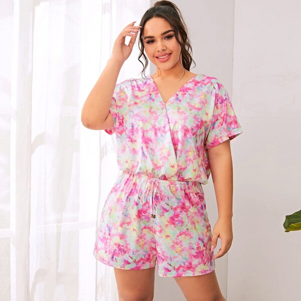 

Plus Surplice Neck Tie Dye Drawstring Romper, Multicolor