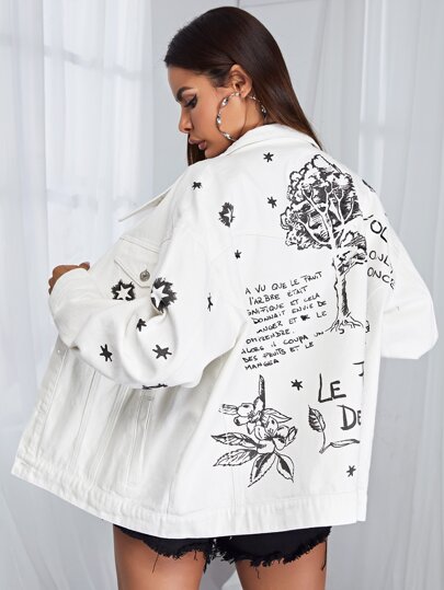 Giacca in denim con piante & slogan grafici