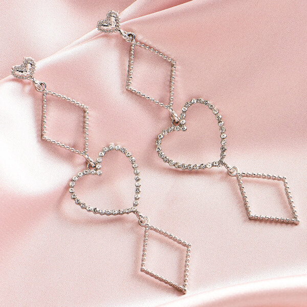 

Rhinestone Heart Drop Earrings, Silver