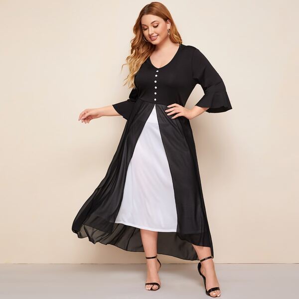 

Plus Button Front Two Tone Double Layer Dress, Black