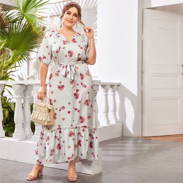 

Цветочное платье в полоску с поясом размера плюс, Многоцветный