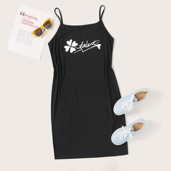 

Plus Letter And Plants Print Cami Dress, Black