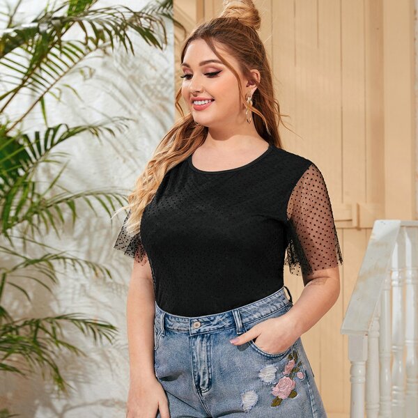 

Plus Swiss Dot Mesh Overlay Blouse, Black