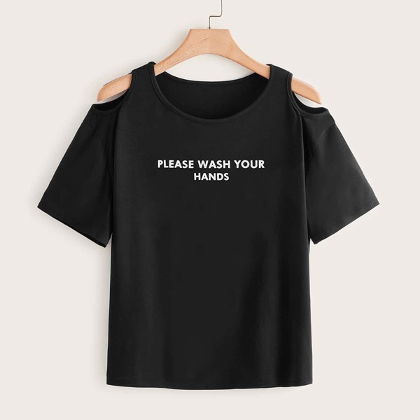 

Plus Slogan Graphic Cold Shoulder Tee, Black