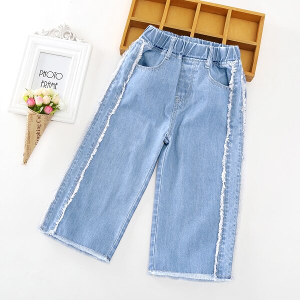 

Girls Raw Hem Pocket Wide Leg Jeans, Blue