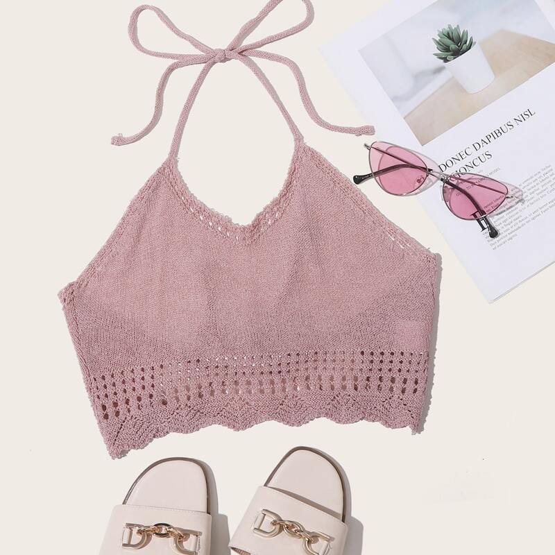 

Crisscross Knot Back Halter Knit Top, Pink