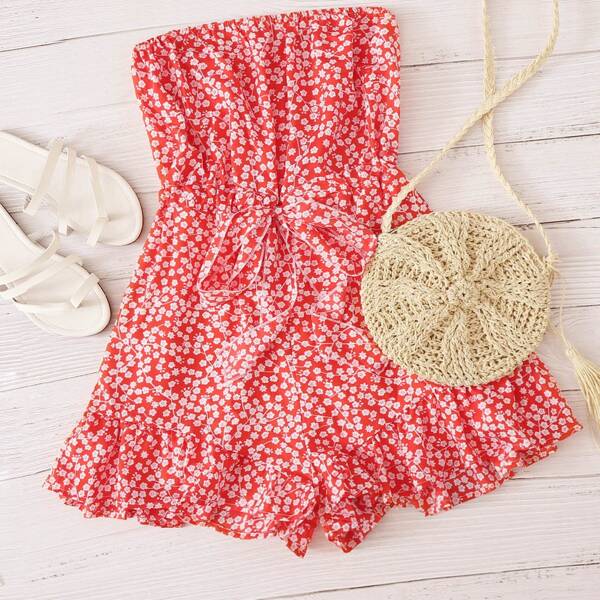 

Plus Ditsy Floral Tie Front Tube Romper, Red