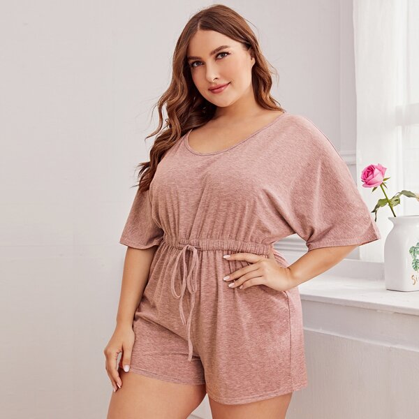 

Plus Drawstring Waist Solid Romper, Pink