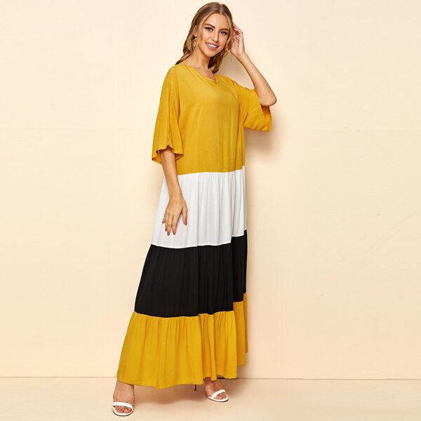 

Batwing Sleeve Colorblock Flounce Dress, Multicolor