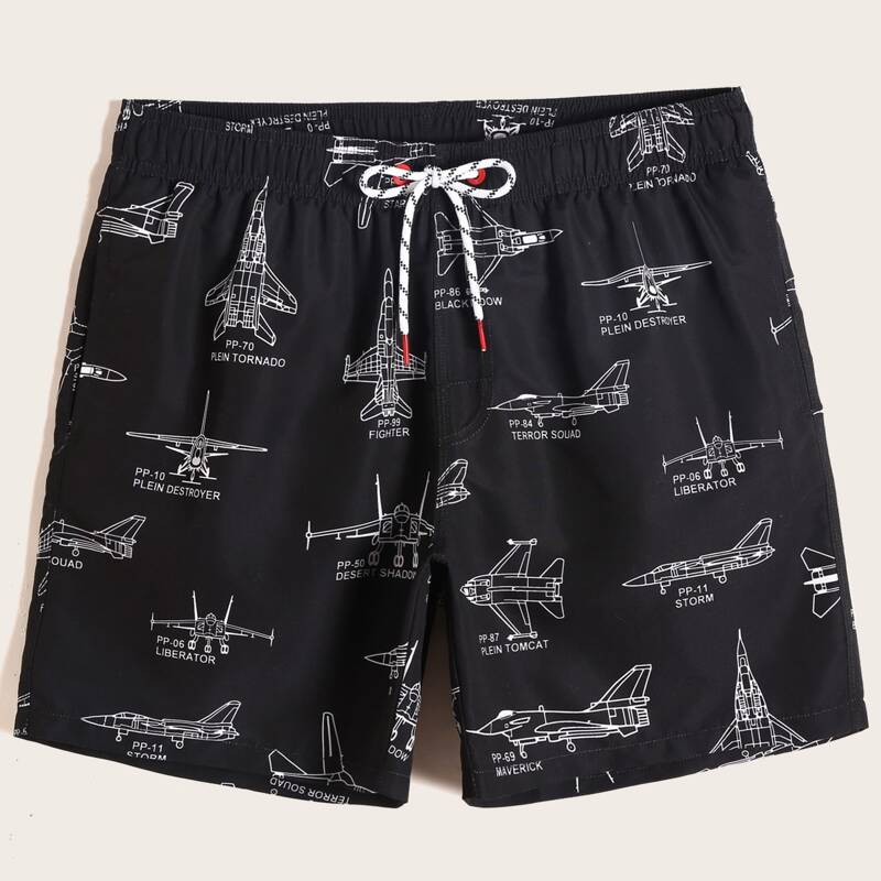 

Guys Plane & Letter Graphic Drawstring Swim Trunks, Black