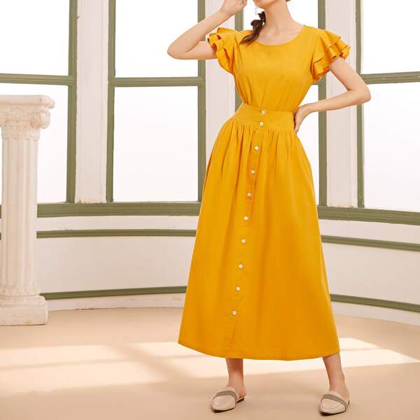 

Layered Ruffle Sleeve Tee With Button Front Skirt, Yellow bright