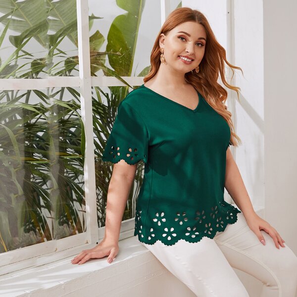 

Plus V-neck Scallop Edge Laser Cut Top, Green