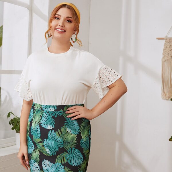 

Plus Eyelet Embroidered Ruffle Cuff Solid Top, White
