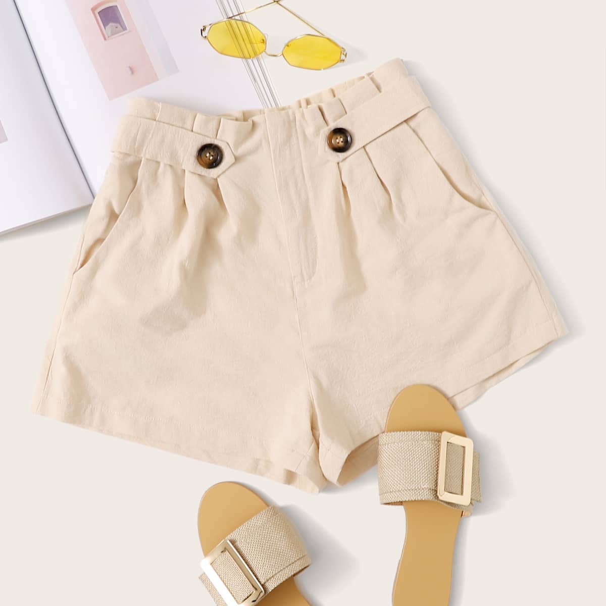 

Paper Bag Waisted Shorts, Beige
