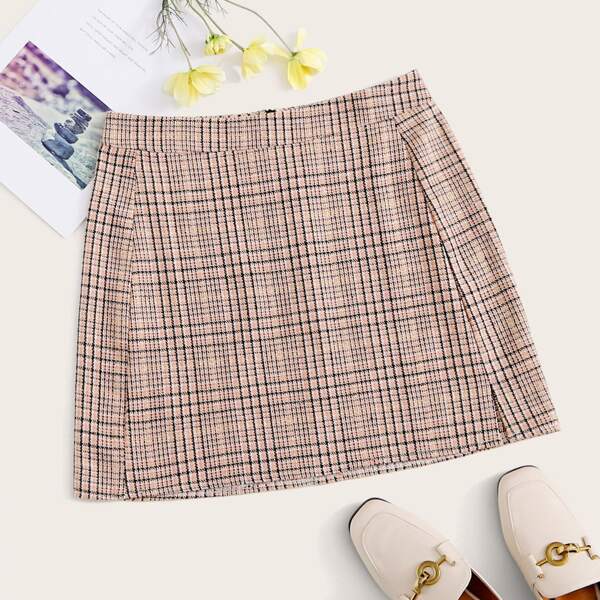 

Plaid Split Hem Zipper Back Mini Skirt, Multicolor