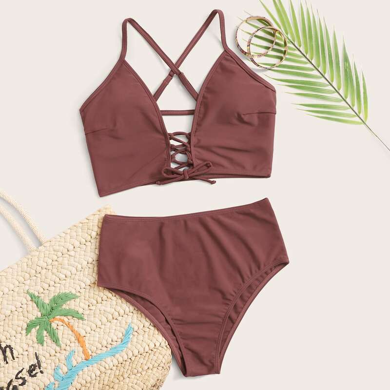 

Lace-up Front High Waisted Bikini Swimsuit, Red