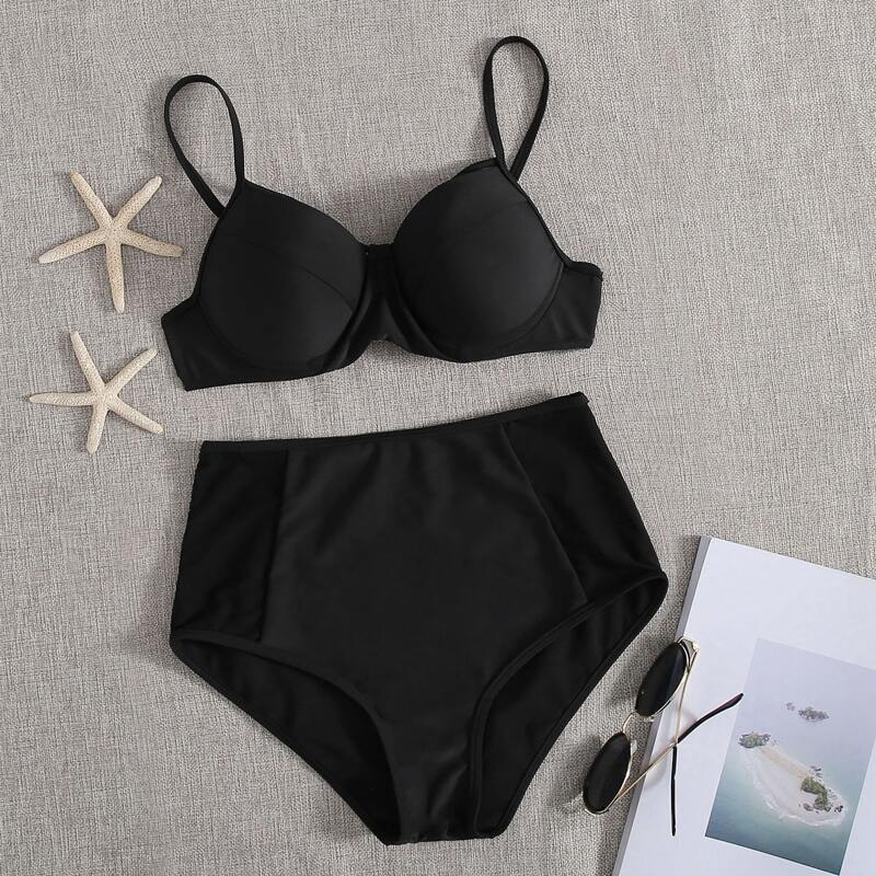 

Contrast Mesh Harness Underwire Bikini Swimsuit, Black