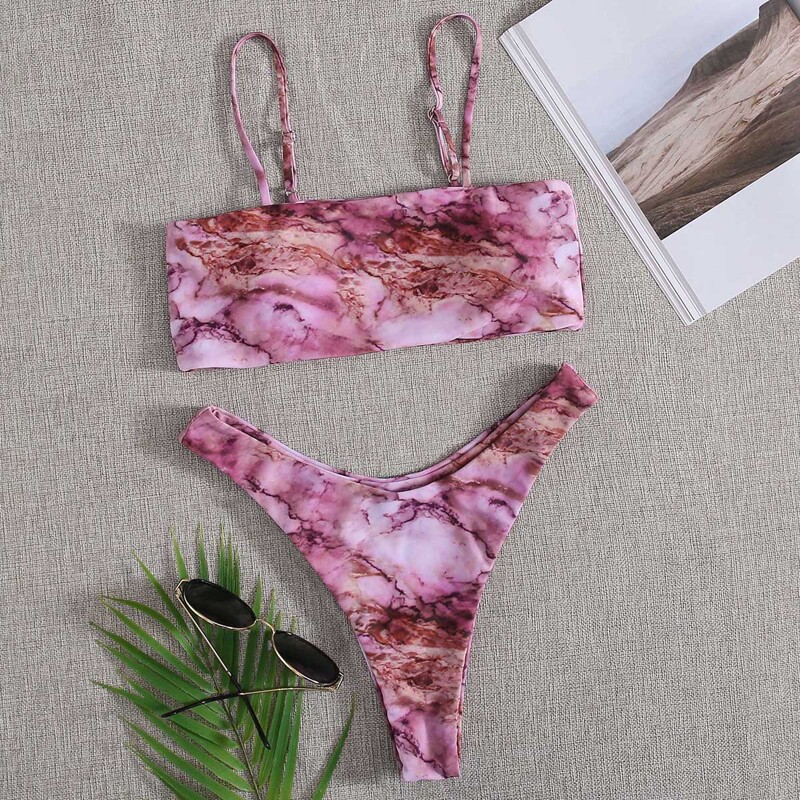 

Marble Pattern Cheeky Bikini Swimsuit, Multicolor