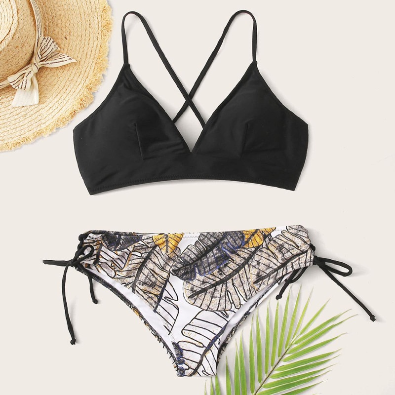 

Leaf Print Tie Side Bikini Swimsuit, Multicolor