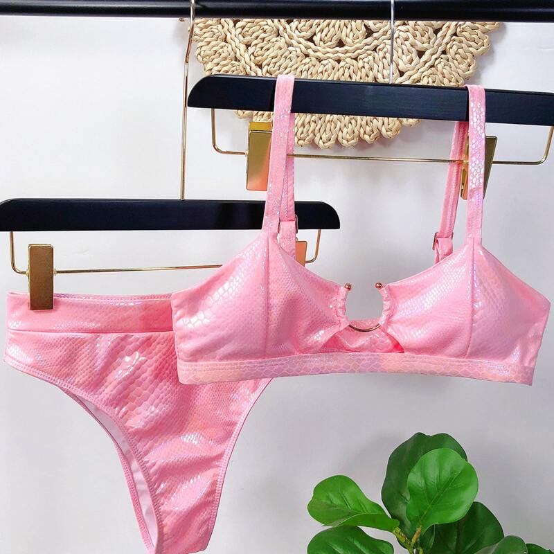 

Croc Metallic Ring Linked Bikini Swimsuit, Baby pink