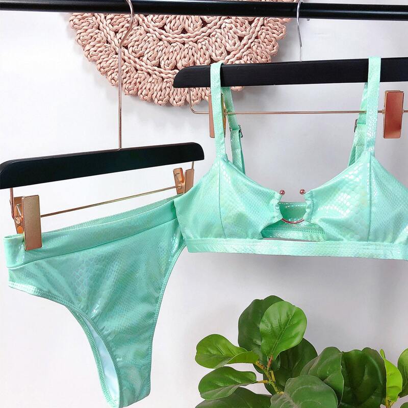 

Croc Metallic Ring Linked Bikini Swimsuit, Green