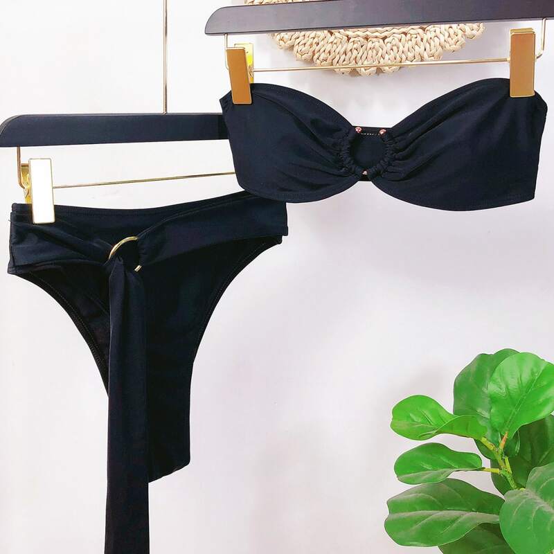 

Ring Linked Bandeau High Waisted Bikini Swimsuit, Black