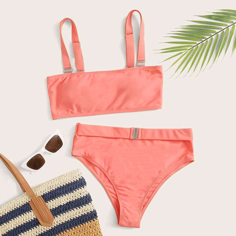 

Solid Belted High Waisted Bikini Swimsuit, Pink