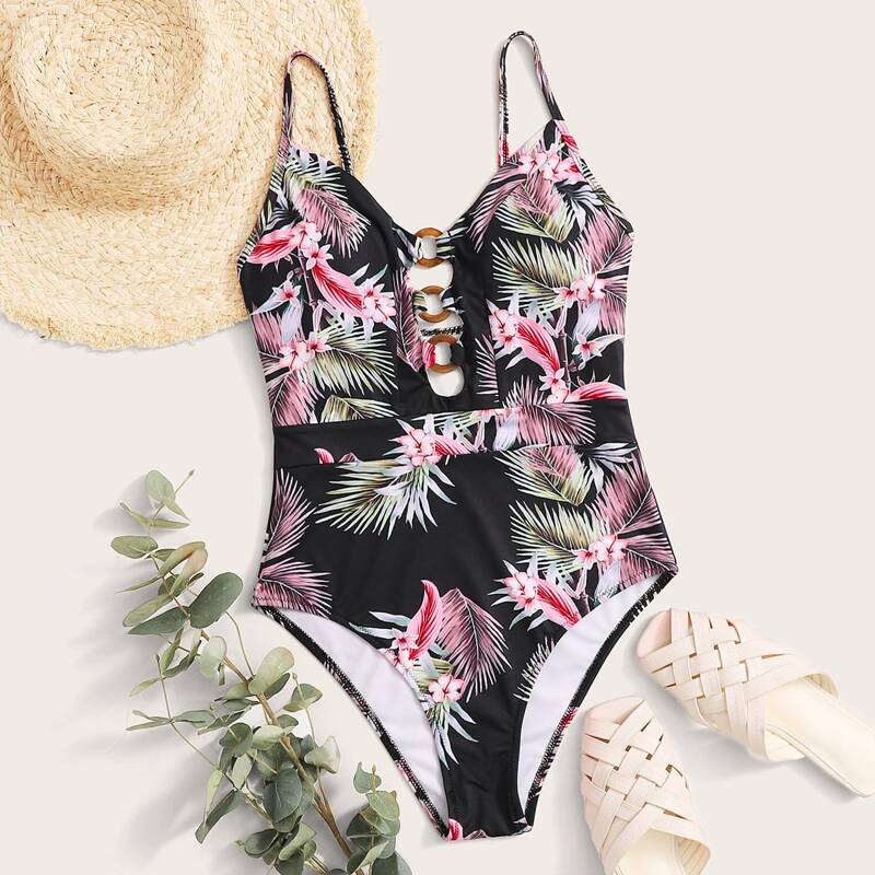 

Tropical Ring Linked One Piece Swimsuit, Multicolor