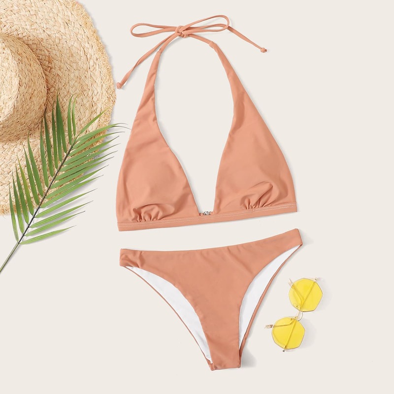

Halter Cheeky Bikini Swimsuit, Coral pink