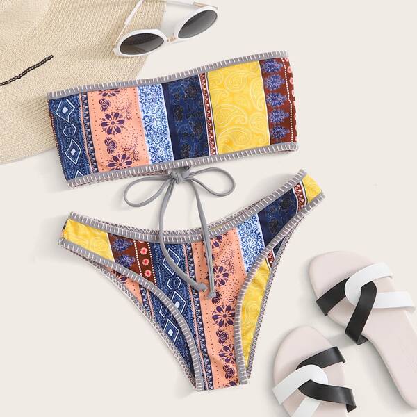 

Tribal Lace-up Bandeau High Leg Bikini Swimsuit, Multicolor