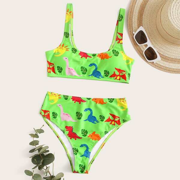 

Cartoon Dinosaur High Waisted Bikini Swimsuit, Green