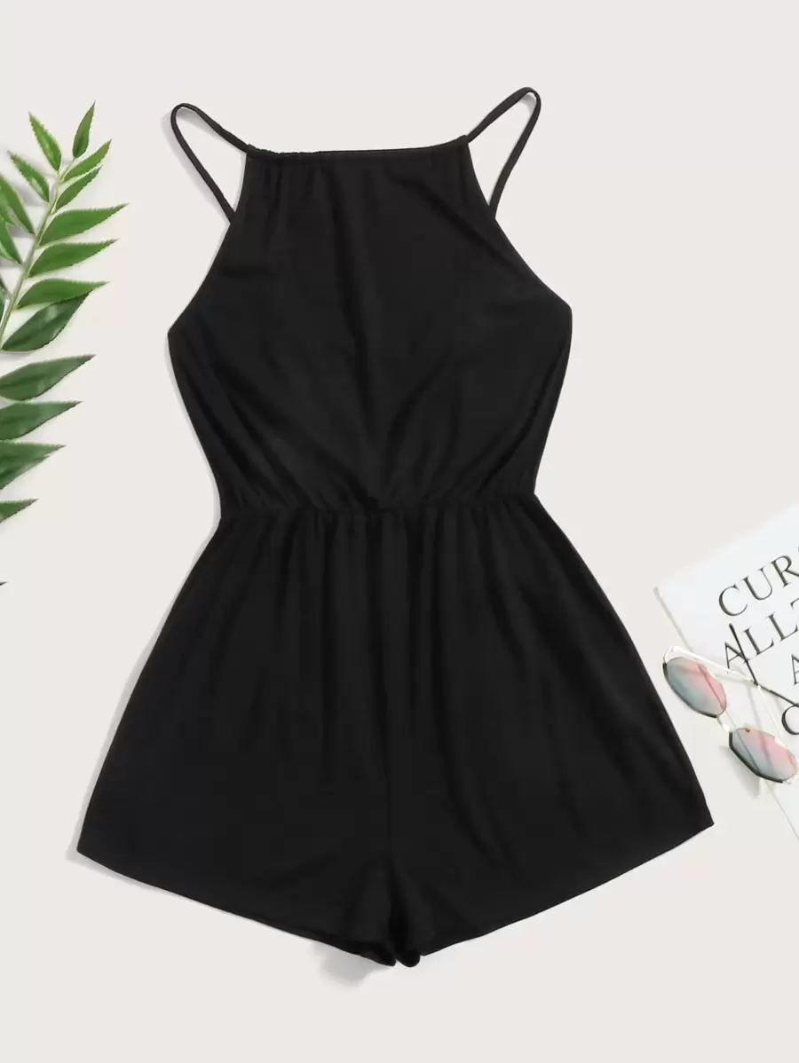 SHEIN EZwear Solid Halter Romper - Black - View 1