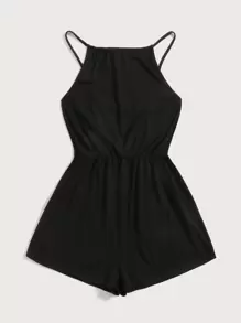 SHEIN EZwear Solid Halter Romper - Black - View 5