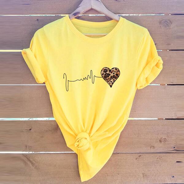 

Leopard Heart Print Short Sleeve Tee, Yellow