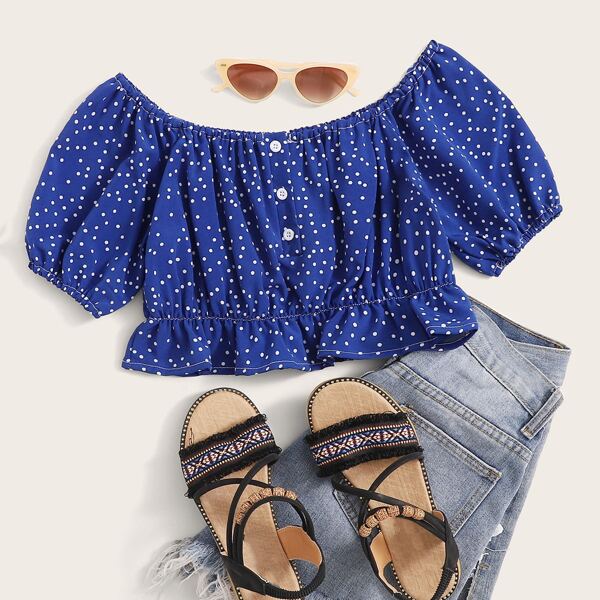 

Polka Dot Button Front Crop Blouse, Blue