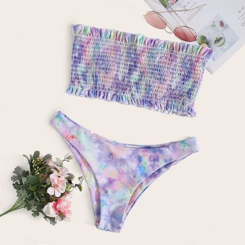 

Tie Dye Smocked Frill Bandeau Bikini Swimsuit, Multicolor