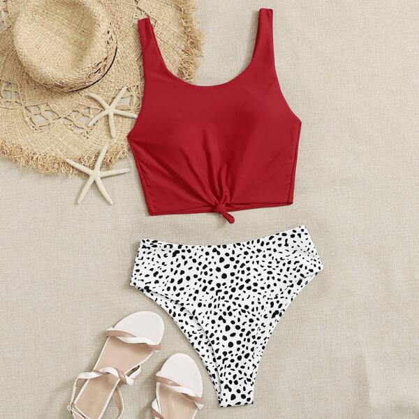 

Dalmatian Knot Detail High Waisted Bikini Swimsuit, Multicolor