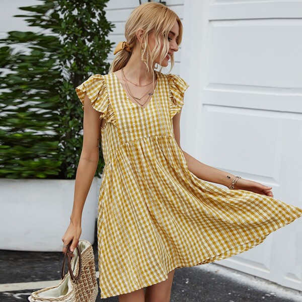 

Gingham Striped Ruffle Trim Babydoll Dress, Mustard yellow