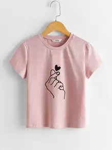 SHEIN Girls Gesture Print Top - Pink - View 1
