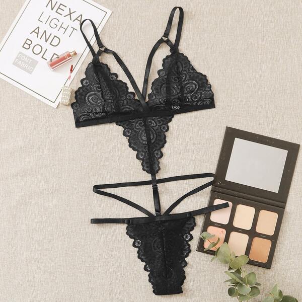 

Floral Lace Teddy Bodysuit, Black